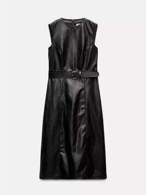 Zara Black Sleeveless Faux Leather Midi Dress with Belt